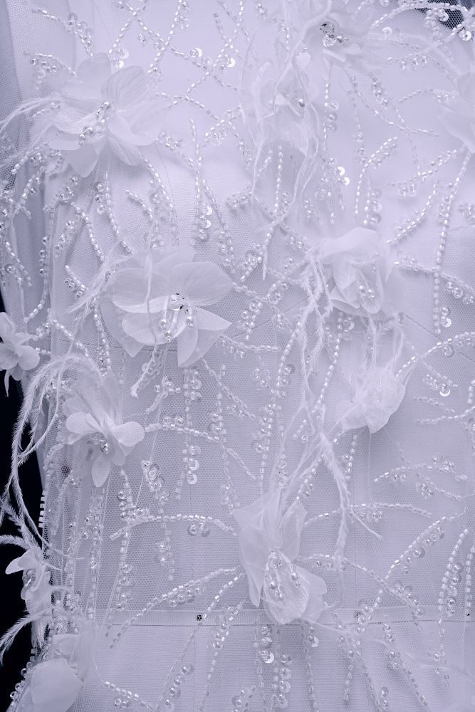 Sita Lace, sitalace, Lace Fabric, Feature Fabric, Tulle Fabric, Beaded Fabric, Sequined Fabric, Embroidery Fabric, Wedding Dress, Bridal Gown, Bridal Veil, Beads, Sequins, Feather Fabrics, Feather, 3D Flowers, Floral, Blossom Flowers, Floral Petal, Embroidered Leaves