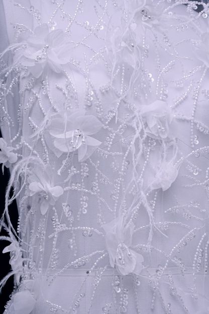 Sita Lace, sitalace, Lace Fabric, Feature Fabric, Tulle Fabric, Beaded Fabric, Sequined Fabric, Embroidery Fabric, Wedding Dress, Bridal Gown, Bridal Veil, Beads, Sequins, Feather Fabrics, Feather, 3D Flowers, Floral, Blossom Flowers, Floral Petal, Embroidered Leaves