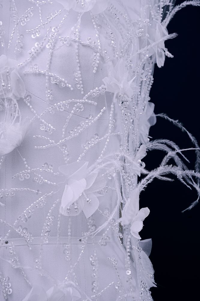 Sita Lace, sitalace, Lace Fabric, Feature Fabric, Tulle Fabric, Beaded Fabric, Sequined Fabric, Embroidery Fabric, Wedding Dress, Bridal Gown, Bridal Veil, Beads, Sequins, Feather Fabrics, Feather, 3D Flowers, Floral, Blossom Flowers, Floral Petal, Embroidered Leaves