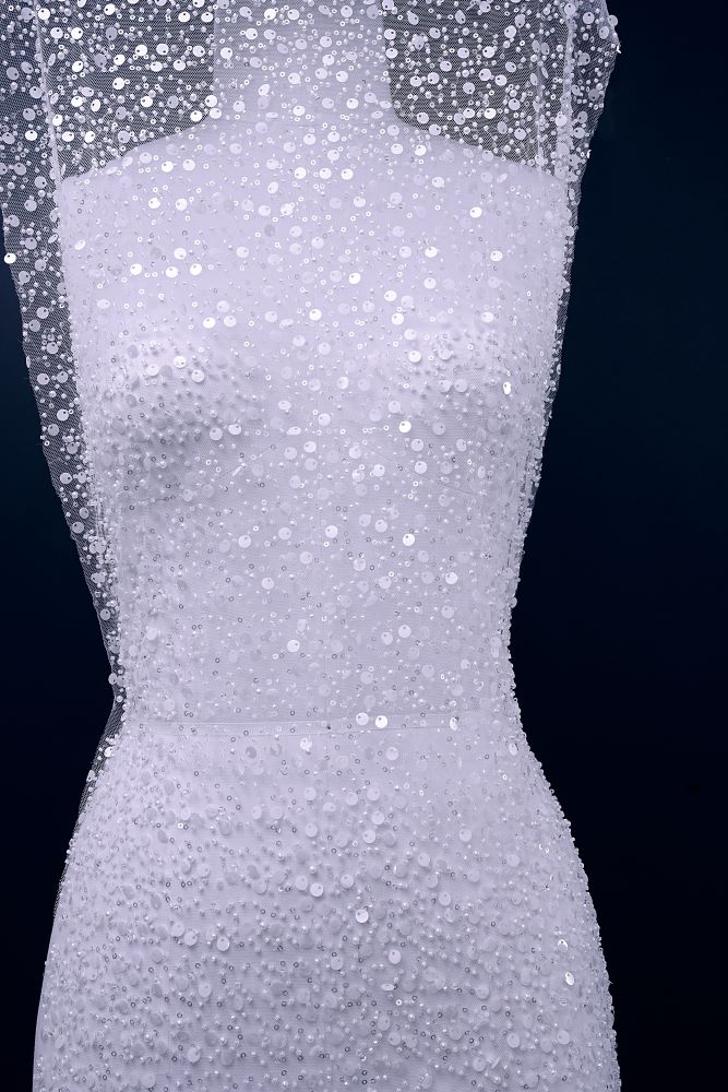 Sita Lace, sitalace, Lace Fabric, Feature Fabric, Tulle Fabric, Beaded Fabric, Sequined Fabric, Embroidery Fabric, Wedding Dress, Bridal Gown, Bridal Veil, Beads, Sequins, Feather Fabrics, Feather, 3D Flowers, Floral, Blossom Flowers, Floral Petal, Embroidered Leaves