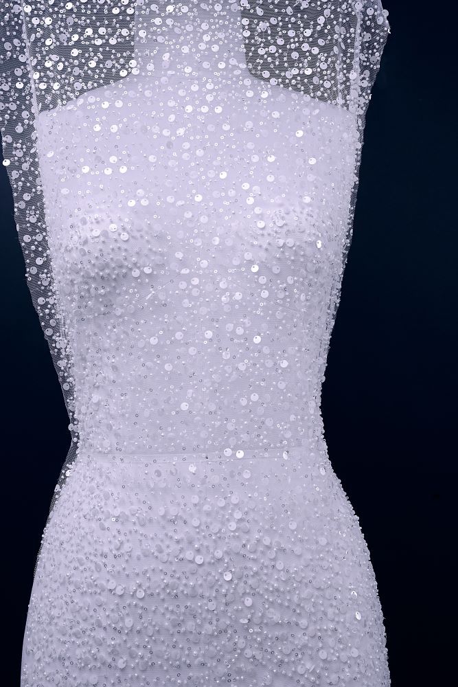 Sita Lace, sitalace, Lace Fabric, Feature Fabric, Tulle Fabric, Beaded Fabric, Sequined Fabric, Embroidery Fabric, Wedding Dress, Bridal Gown, Bridal Veil, Beads, Sequins, Feather Fabrics, Feather, 3D Flowers, Floral, Blossom Flowers, Floral Petal, Embroidered Leaves