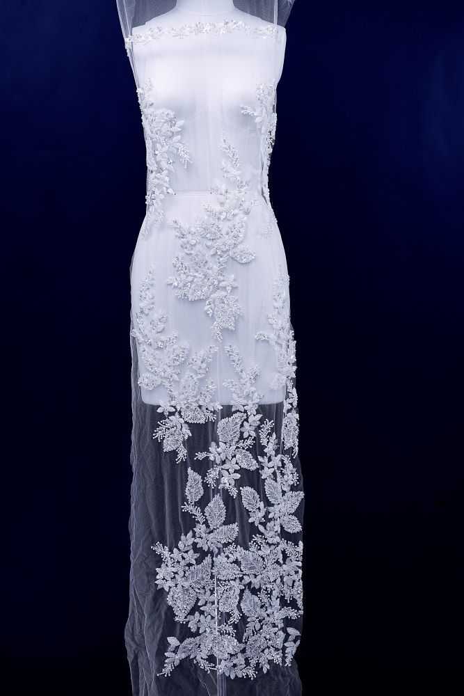 Sita Lace, sitalace, Lace Fabric, Feature Fabric, Tulle Fabric, Beaded Fabric, Sequined Fabric, Embroidery Fabric, Wedding Dress, Bridal Gown, Bridal Veil, Beads, Sequins, Feather Fabrics, Feather, 3D Flowers, Floral, Blossom Flowers, Floral Petal, Embroidered Leaves