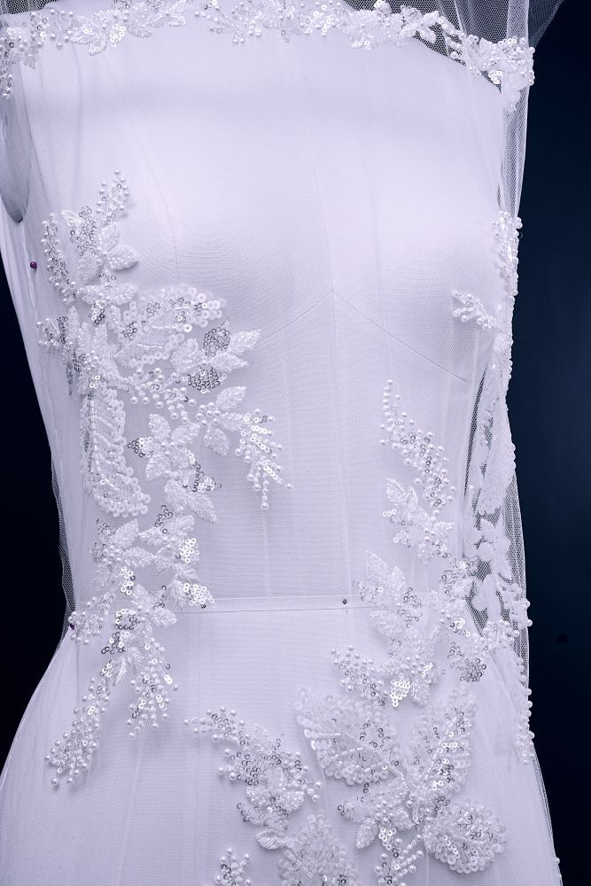 Sita Lace, sitalace, Lace Fabric, Feature Fabric, Tulle Fabric, Beaded Fabric, Sequined Fabric, Embroidery Fabric, Wedding Dress, Bridal Gown, Bridal Veil, Beads, Sequins, Feather Fabrics, Feather, 3D Flowers, Floral, Blossom Flowers, Floral Petal, Embroidered Leaves