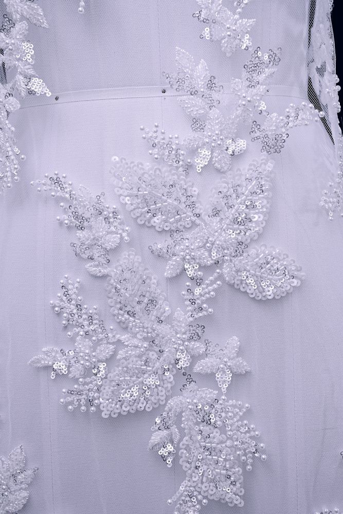 Sita Lace, sitalace, Lace Fabric, Feature Fabric, Tulle Fabric, Beaded Fabric, Sequined Fabric, Embroidery Fabric, Wedding Dress, Bridal Gown, Bridal Veil, Beads, Sequins, Feather Fabrics, Feather, 3D Flowers, Floral, Blossom Flowers, Floral Petal, Embroidered Leaves