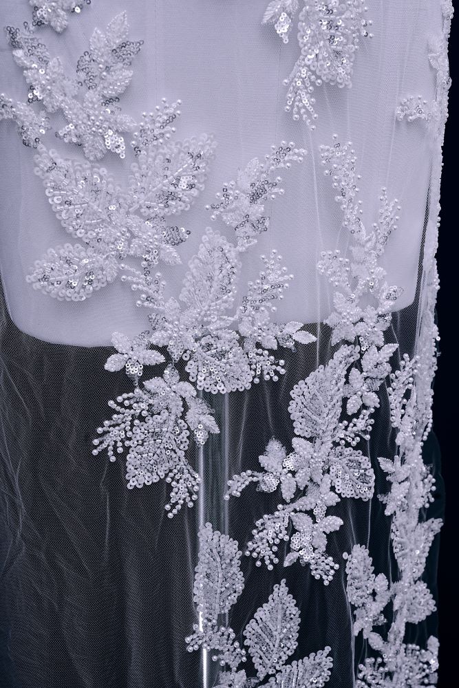 Sita Lace, sitalace, Lace Fabric, Feature Fabric, Tulle Fabric, Beaded Fabric, Sequined Fabric, Embroidery Fabric, Wedding Dress, Bridal Gown, Bridal Veil, Beads, Sequins, Feather Fabrics, Feather, 3D Flowers, Floral, Blossom Flowers, Floral Petal, Embroidered Leaves