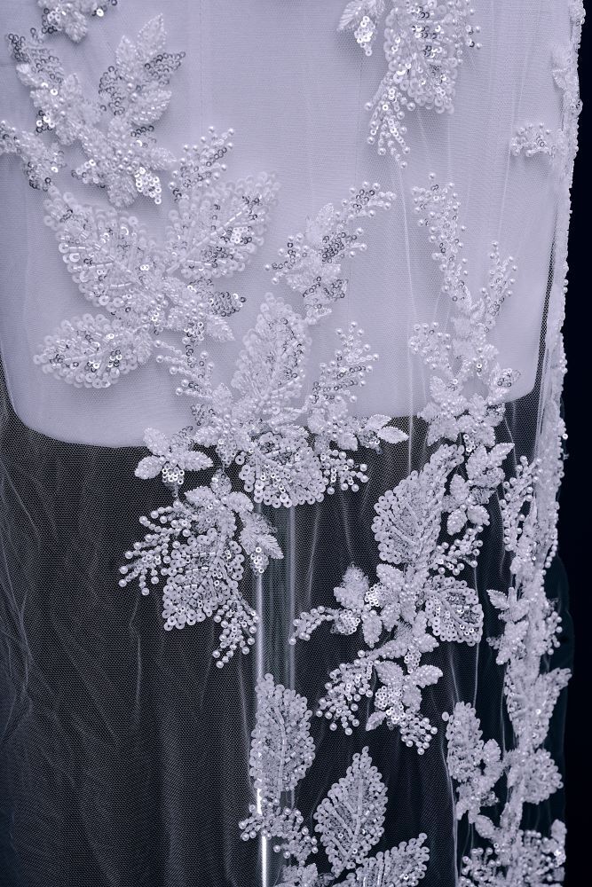 Sita Lace, sitalace, Lace Fabric, Feature Fabric, Tulle Fabric, Beaded Fabric, Sequined Fabric, Embroidery Fabric, Wedding Dress, Bridal Gown, Bridal Veil, Beads, Sequins, Feather Fabrics, Feather, 3D Flowers, Floral, Blossom Flowers, Floral Petal, Embroidered Leaves