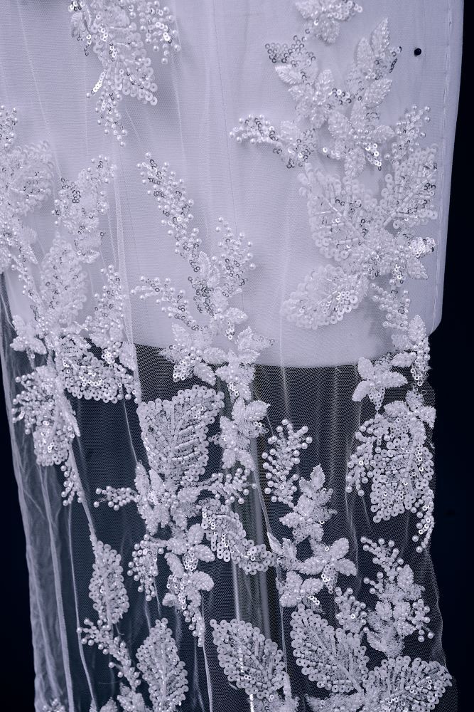 Sita Lace, sitalace, Lace Fabric, Feature Fabric, Tulle Fabric, Beaded Fabric, Sequined Fabric, Embroidery Fabric, Wedding Dress, Bridal Gown, Bridal Veil, Beads, Sequins, Feather Fabrics, Feather, 3D Flowers, Floral, Blossom Flowers, Floral Petal, Embroidered Leaves
