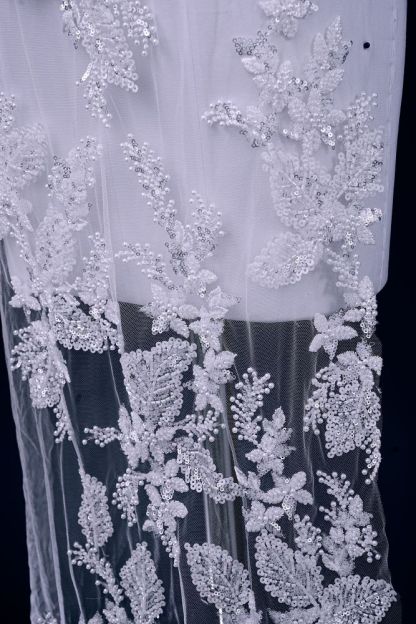 Sita Lace, sitalace, Lace Fabric, Feature Fabric, Tulle Fabric, Beaded Fabric, Sequined Fabric, Embroidery Fabric, Wedding Dress, Bridal Gown, Bridal Veil, Beads, Sequins, Feather Fabrics, Feather, 3D Flowers, Floral, Blossom Flowers, Floral Petal, Embroidered Leaves