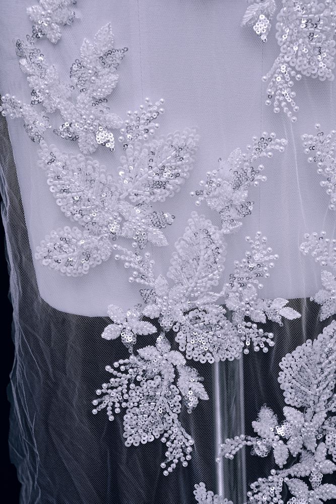 Sita Lace, sitalace, Lace Fabric, Feature Fabric, Tulle Fabric, Beaded Fabric, Sequined Fabric, Embroidery Fabric, Wedding Dress, Bridal Gown, Bridal Veil, Beads, Sequins, Feather Fabrics, Feather, 3D Flowers, Floral, Blossom Flowers, Floral Petal, Embroidered Leaves