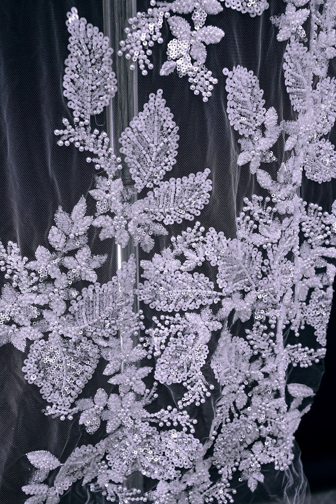 Sita Lace, sitalace, Lace Fabric, Feature Fabric, Tulle Fabric, Beaded Fabric, Sequined Fabric, Embroidery Fabric, Wedding Dress, Bridal Gown, Bridal Veil, Beads, Sequins, Feather Fabrics, Feather, 3D Flowers, Floral, Blossom Flowers, Floral Petal, Embroidered Leaves