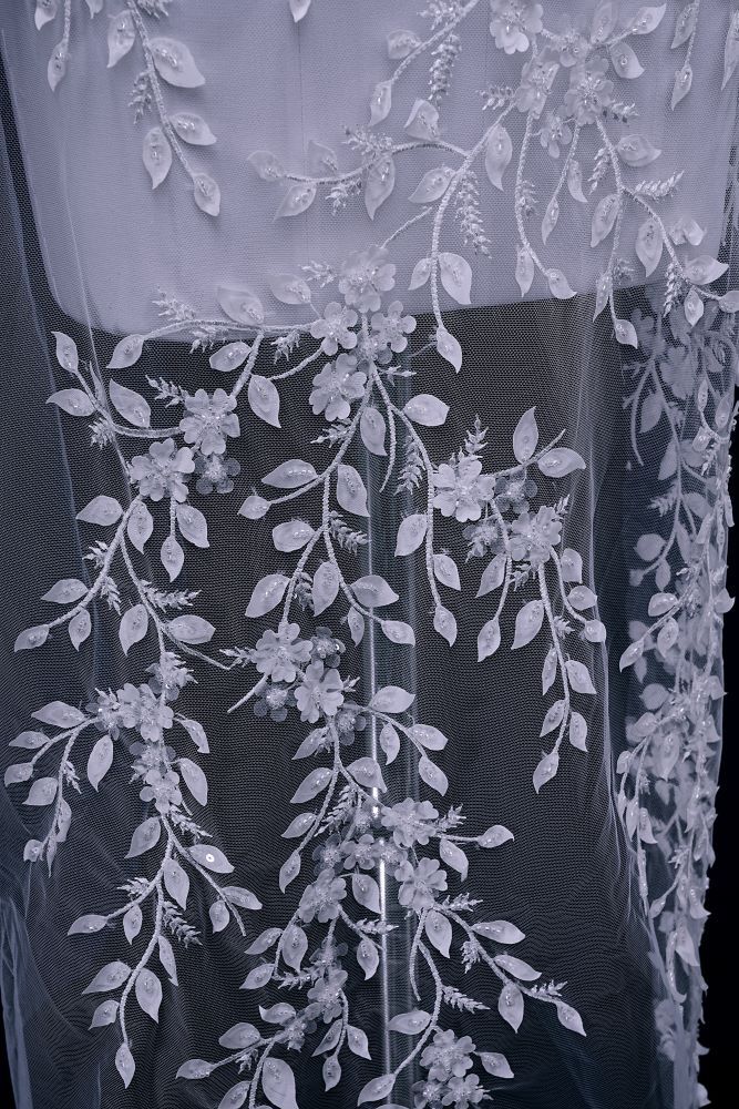 Luxury Embroidered 3D Floral Tulle Fabric Stunning 3D Petal Fabric With Crystal Pearl Sparkling Sequin Wedding Dress