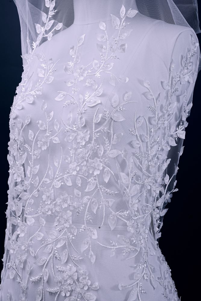 Luxury Embroidered 3D Floral Tulle Fabric Stunning 3D Petal Fabric With Crystal Pearl Sparkling Sequin Wedding Dress