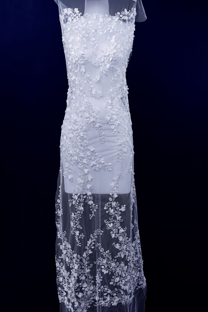 Exquisite Ivory Mesh Fabric Embroidered Flower Leaves and Clouds Elegant Floral Patterns Embroidered Wedding Dress Wedding Dress