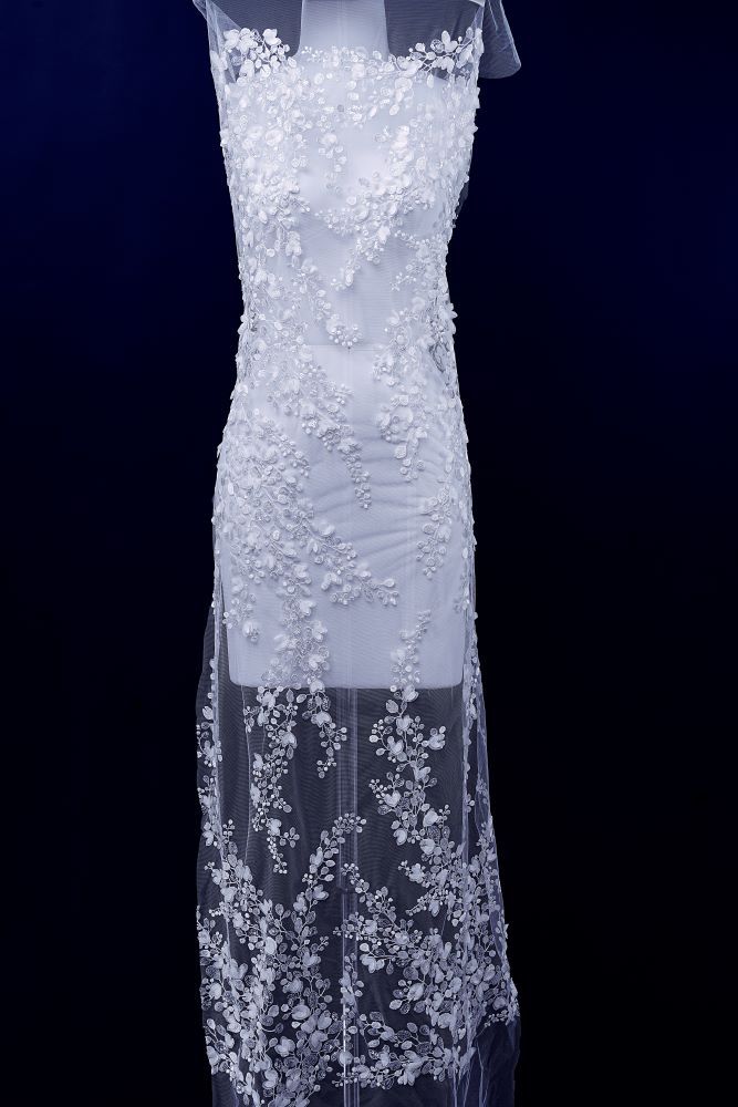 Exquisite Ivory Mesh Fabric Embroidered Flower Leaves and Clouds Elegant Floral Patterns Embroidered Wedding Dress Wedding Dress