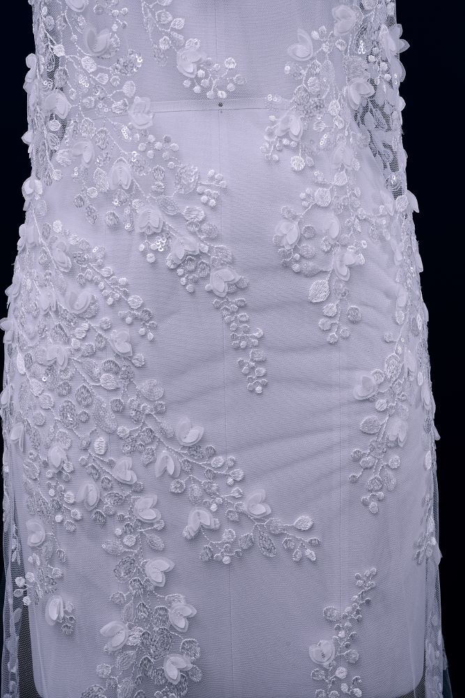 Exquisite Ivory Mesh Fabric Embroidered Flower Leaves and Clouds Elegant Floral Patterns Embroidered Wedding Dress Wedding Dress