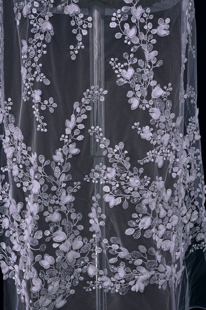 Exquisite Ivory Mesh Fabric Embroidered Flower Leaves and Clouds Elegant Floral Patterns Embroidered Wedding Dress Wedding Dress