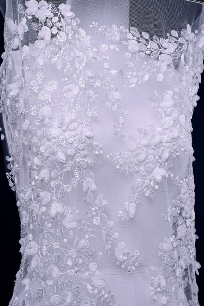 Exquisite Ivory Mesh Fabric Embroidered Flower Leaves and Clouds Elegant Floral Patterns Embroidered Wedding Dress Wedding Dress