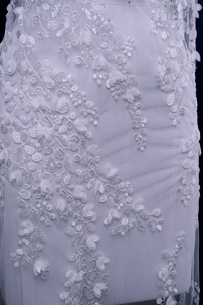 Exquisite Ivory Mesh Fabric Embroidered Flower Leaves and Clouds Elegant Floral Patterns Embroidered Wedding Dress Wedding Dress