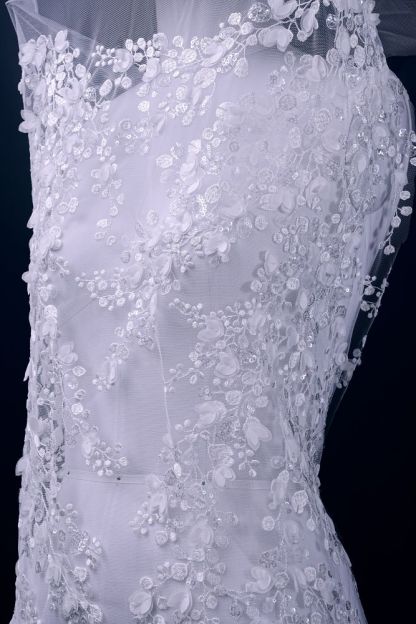 Exquisite Ivory Mesh Fabric Embroidered Flower Leaves and Clouds Elegant Floral Patterns Embroidered Wedding Dress Wedding Dress