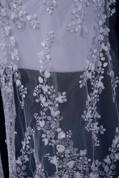 Exquisite Ivory Mesh Fabric Embroidered Flower Leaves and Clouds Elegant Floral Patterns Embroidered Wedding Dress Wedding Dress