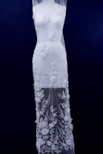 Luxury embroidered 3D floral tulle fabric Stunning 3D petal fabric with crystal pearl sparkling wedding dress