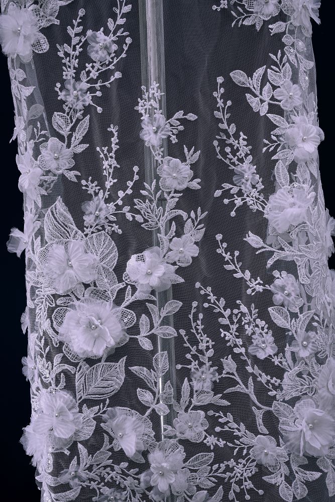 Luxury embroidered 3D floral tulle fabric Stunning 3D petal fabric with crystal pearl sparkling wedding dress