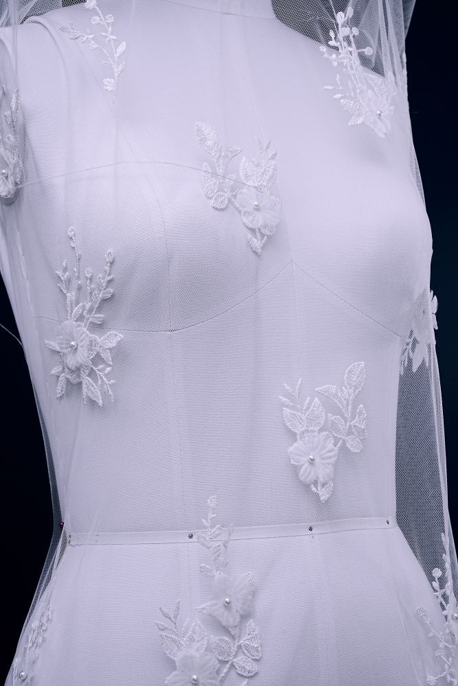 Luxury embroidered 3D floral tulle fabric Stunning 3D petal fabric with crystal pearl sparkling wedding dress