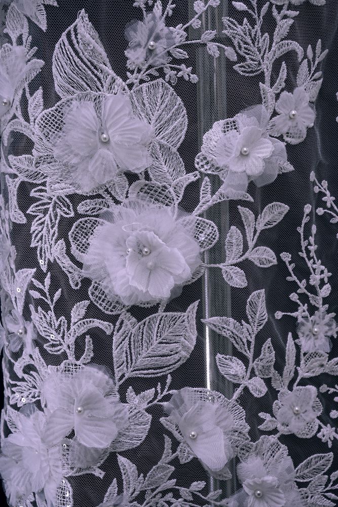 Luxury embroidered 3D floral tulle fabric Stunning 3D petal fabric with crystal pearl sparkling wedding dress