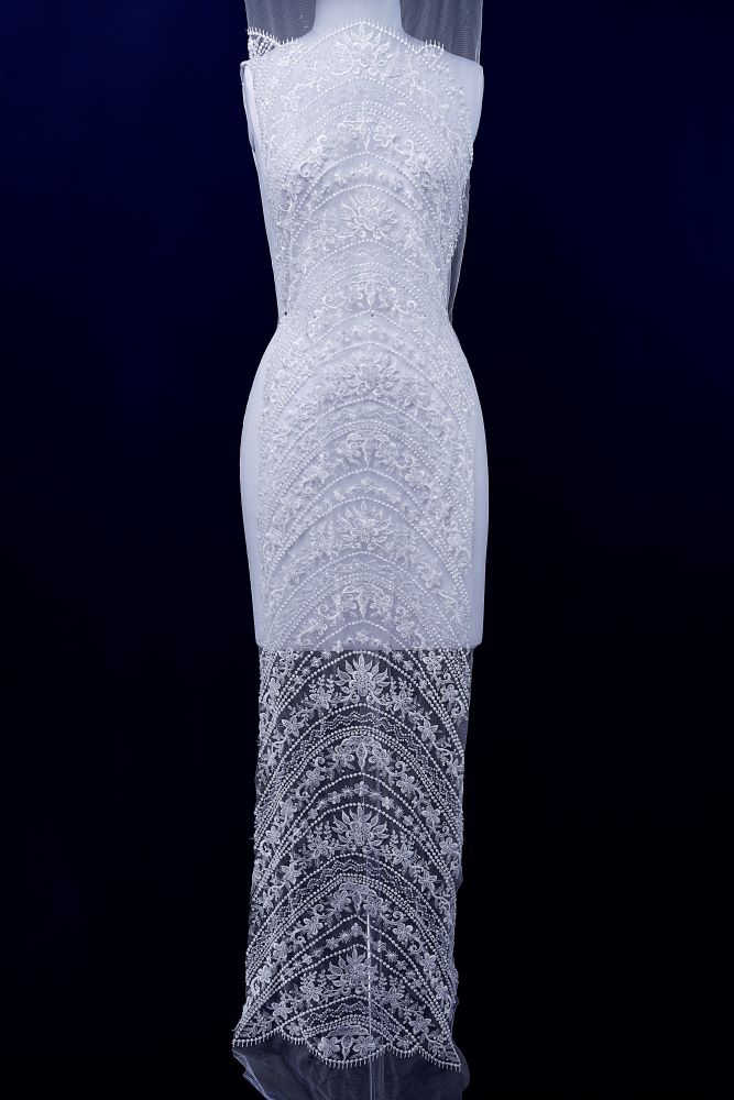 Beautiful Beige and White Embroidery Gauze Floral Fabric Wedding Dress Suit Skirt