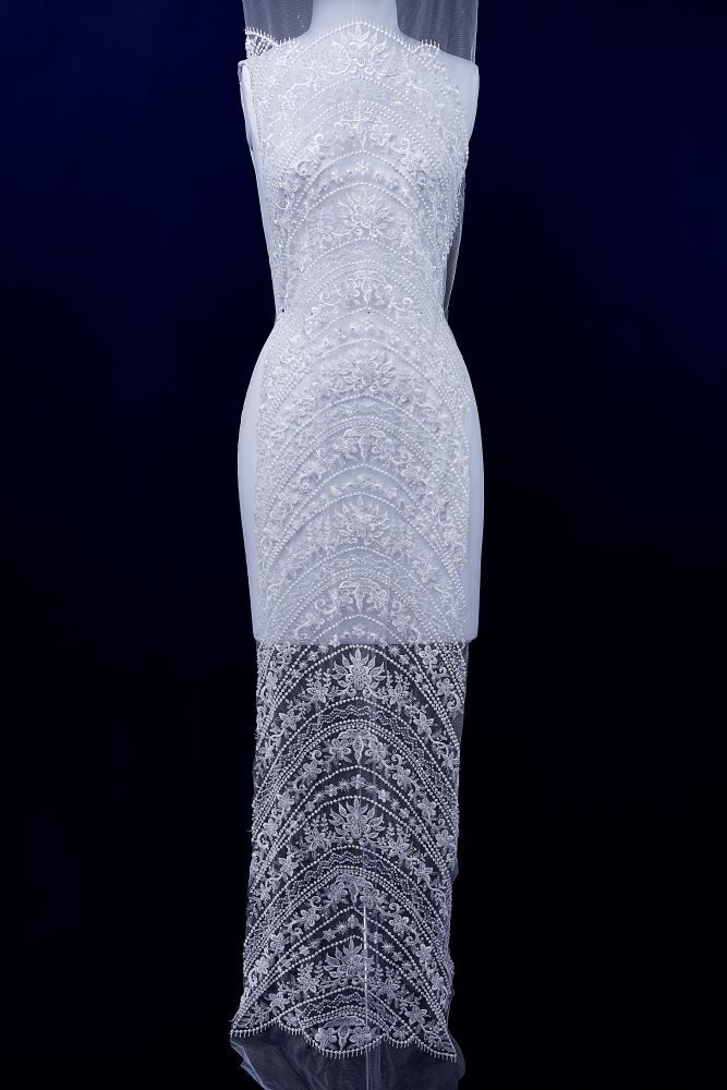 Beautiful Beige and White Embroidery Gauze Floral Fabric Wedding Dress Suit Skirt