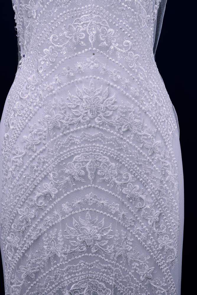 Beautiful Beige and White Embroidery Gauze Floral Fabric Wedding Dress Suit Skirt