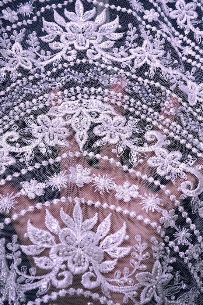 Beautiful Beige and White Embroidery Gauze Floral Fabric Wedding Dress Suit Skirt