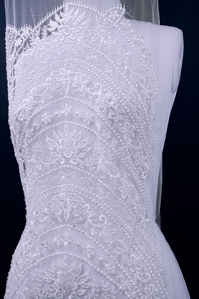 Beautiful Beige and White Embroidery Gauze Floral Fabric Wedding Dress Suit Skirt