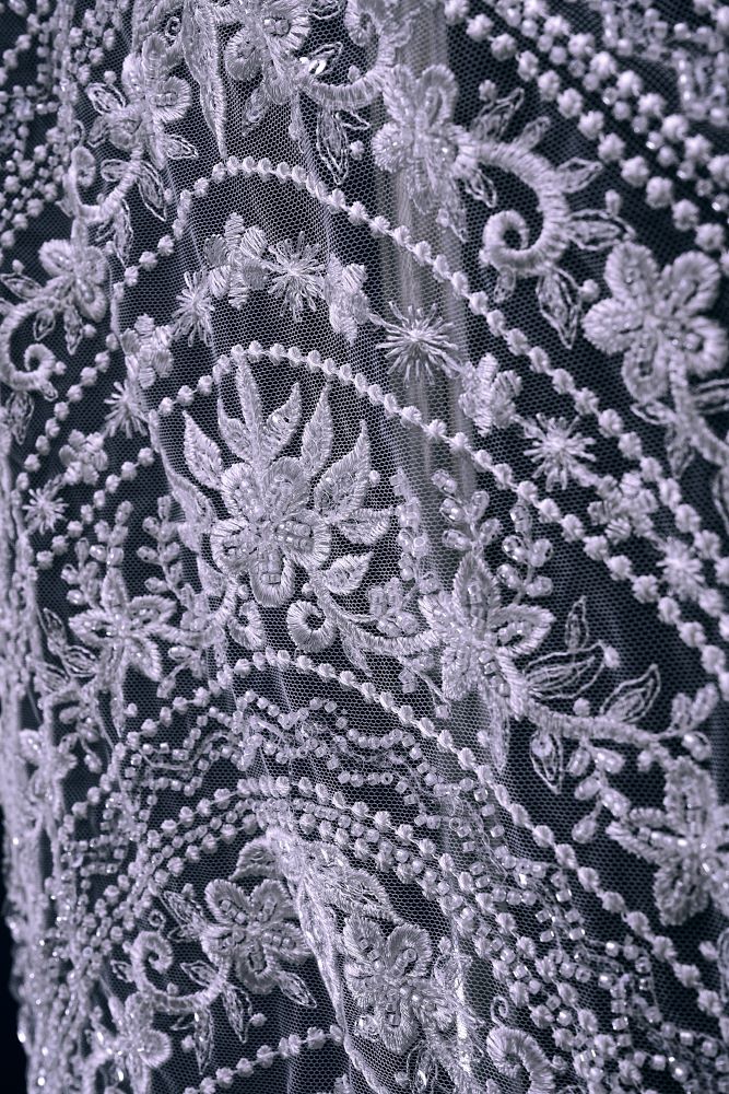 Beautiful Beige and White Embroidery Gauze Floral Fabric Wedding Dress Suit Skirt