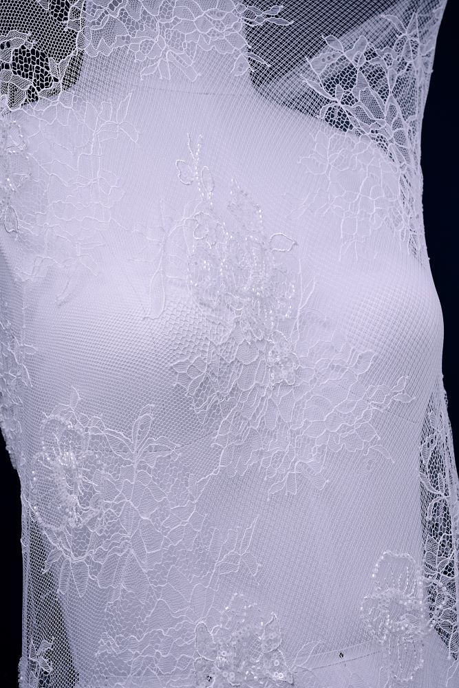 Beaded Floral Lace Fabric White Pearl Sequin Tulle Mesh Fabric Beautifully Embroidered Floral Pattern Wedding Dress