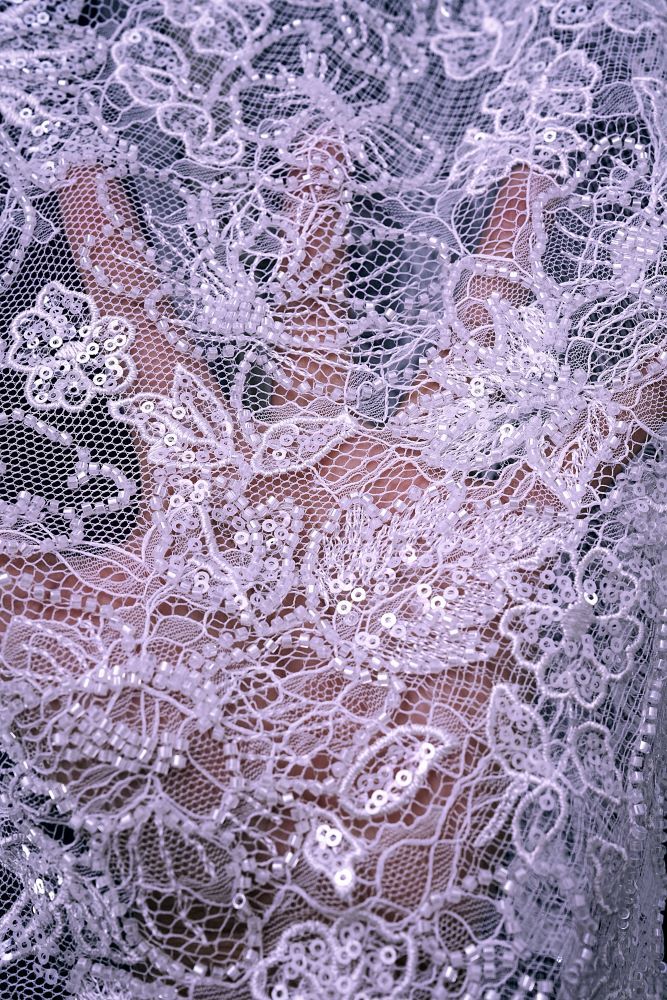 Beaded Floral Lace Fabric White Pearl Sequin Tulle Mesh Fabric Beautifully Embroidered Floral Pattern Wedding Dress