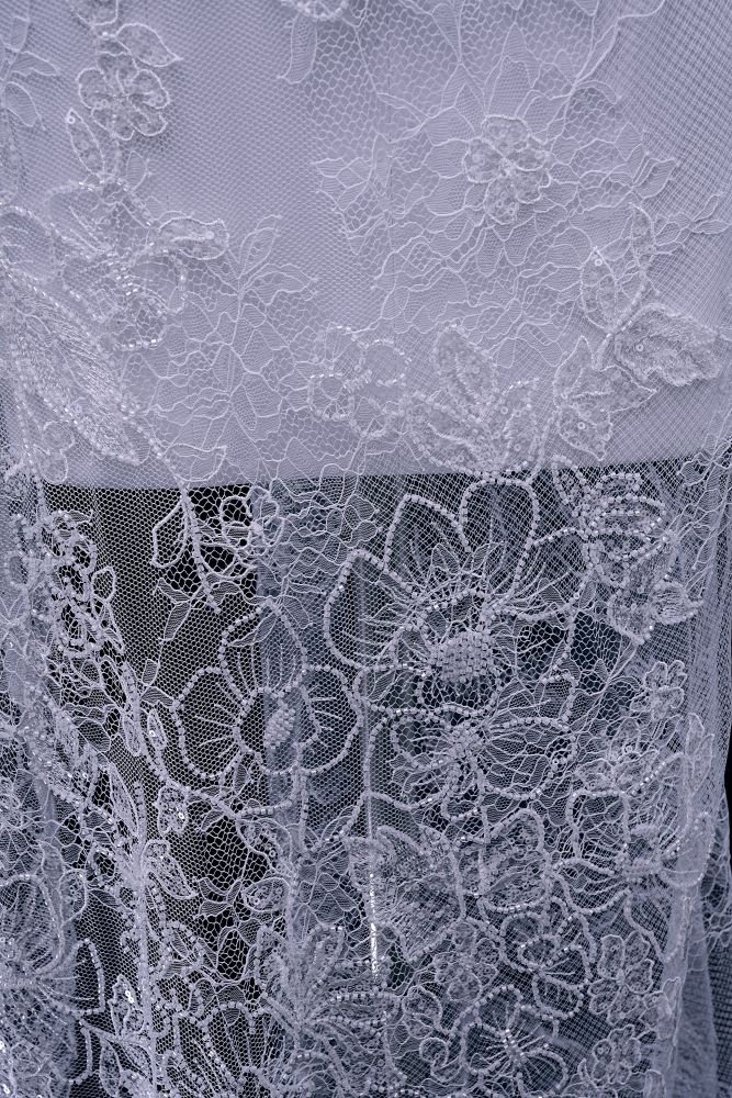 Beaded Floral Lace Fabric White Pearl Sequin Tulle Mesh Fabric Beautifully Embroidered Floral Pattern Wedding Dress