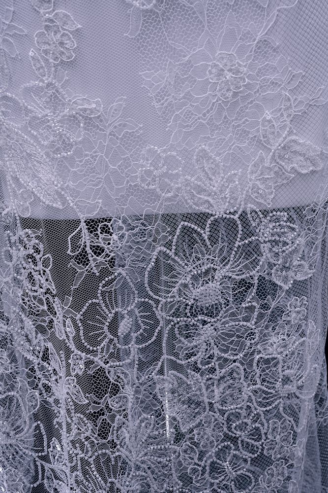 Beaded Floral Lace Fabric White Pearl Sequin Tulle Mesh Fabric Beautifully Embroidered Floral Pattern Wedding Dress