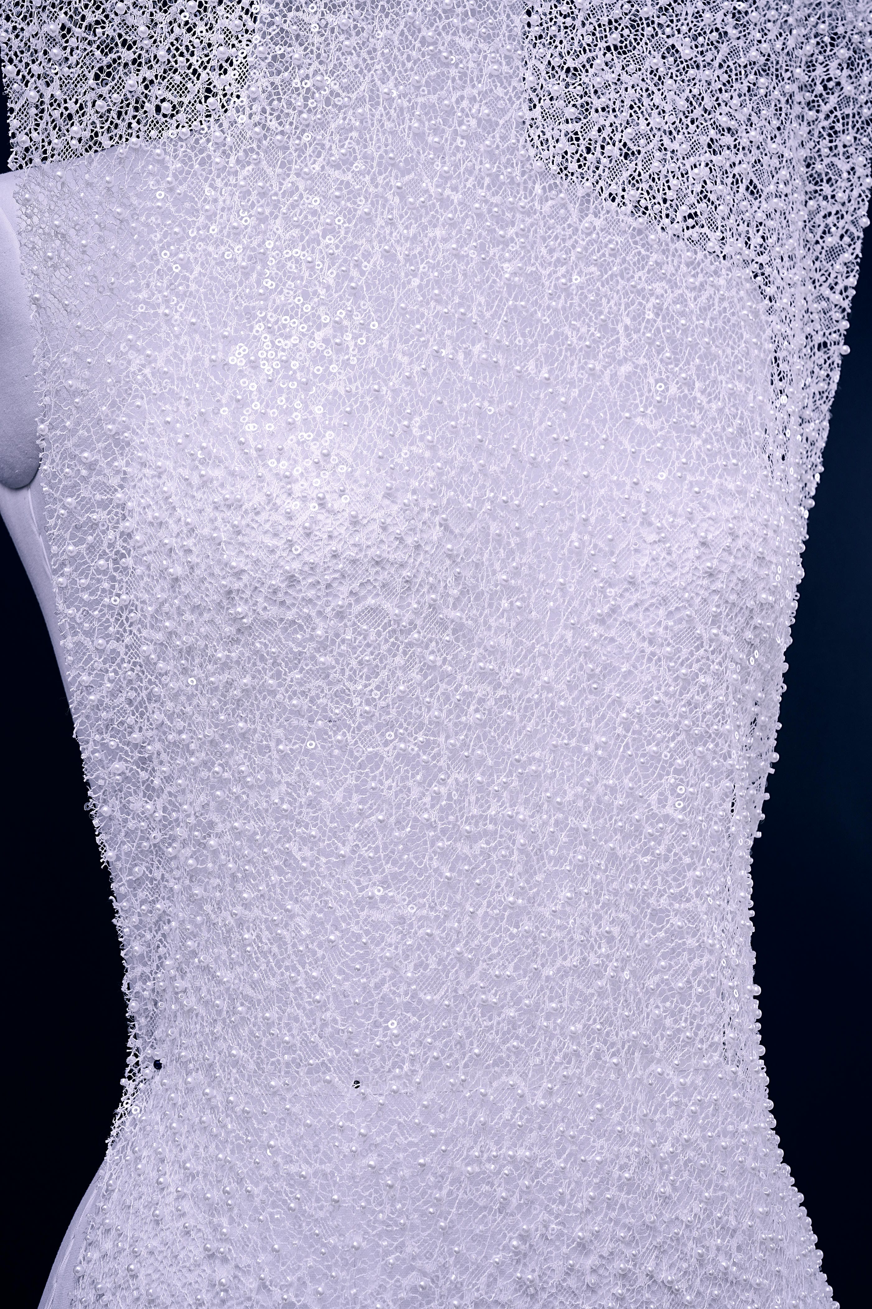 Exquisite Beaded Lace Fabric Embroidery Fabric With Sparkling Sequins and Pearls for Wedding Gown Bridal Dress