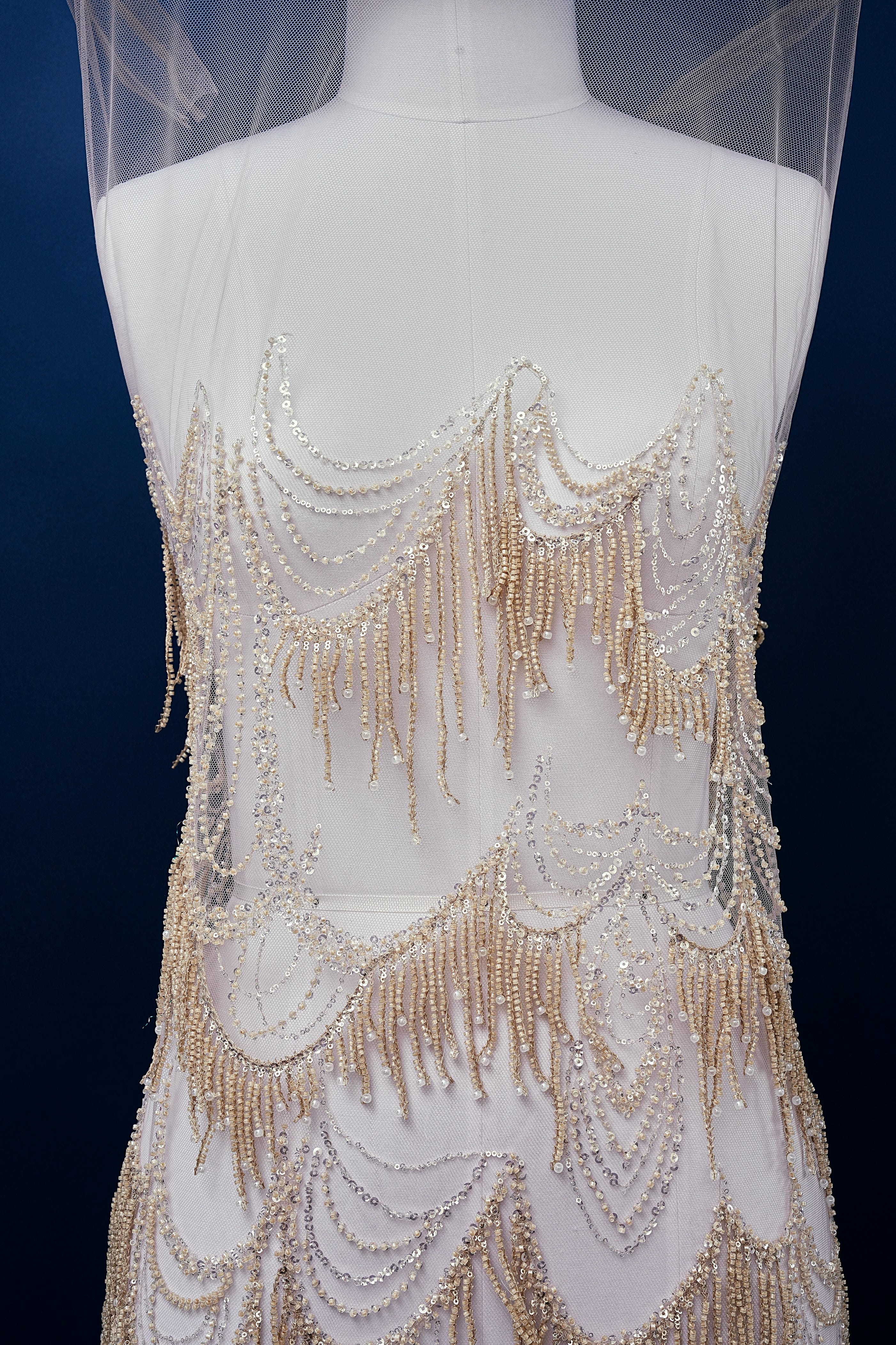 Perfect Heavily Beaded Tulle Fabric With Sparkling Beads and Sequins Crystal Beads Sequins Necklace for Wedding Gown Bridal Dress