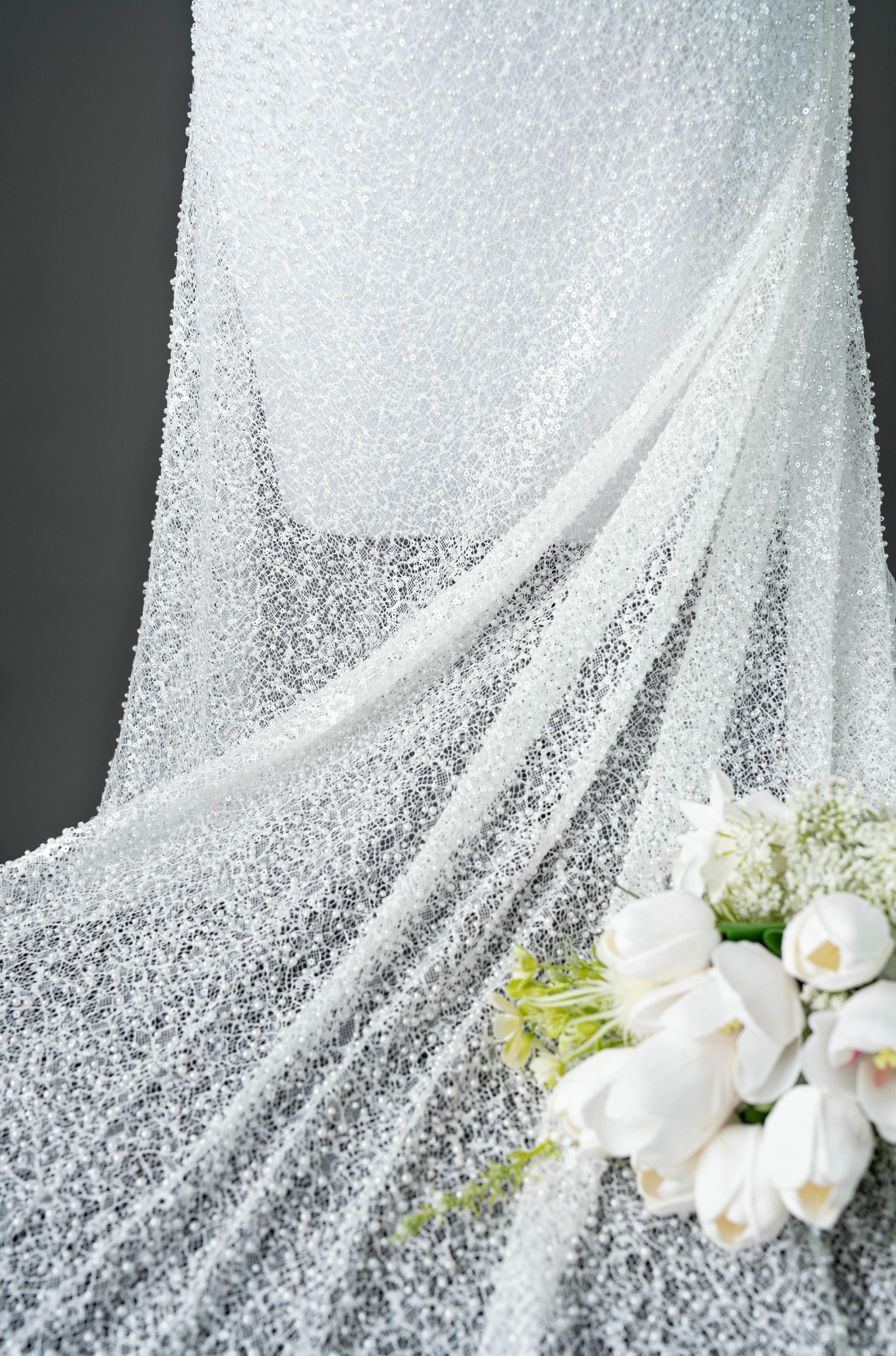 Luxury Lace Fabric With Embroidery Crystal Beads Beautifully Embroidered Sparkling Sequins Gorgeous lace Embroidered Wedding Dress Wedding Dress