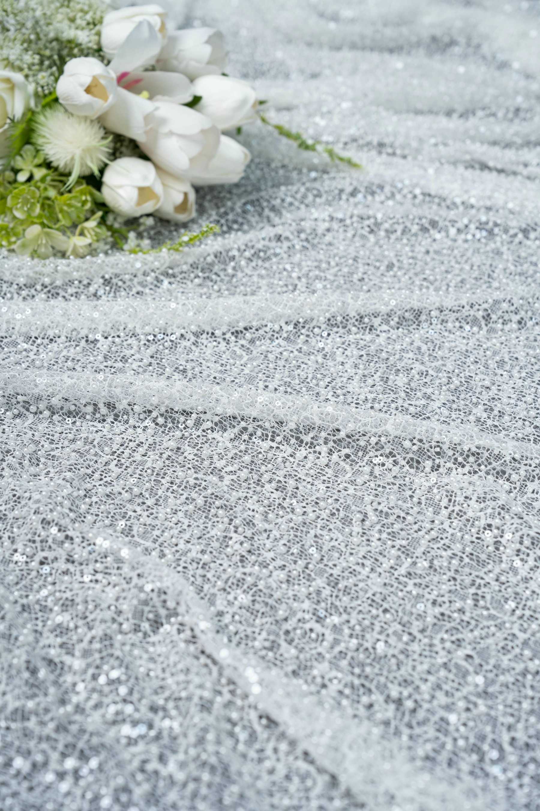 Luxury Lace Fabric With Embroidery Crystal Beads Beautifully Embroidered Sparkling Sequins Gorgeous lace Embroidered Wedding Dress Wedding Dress