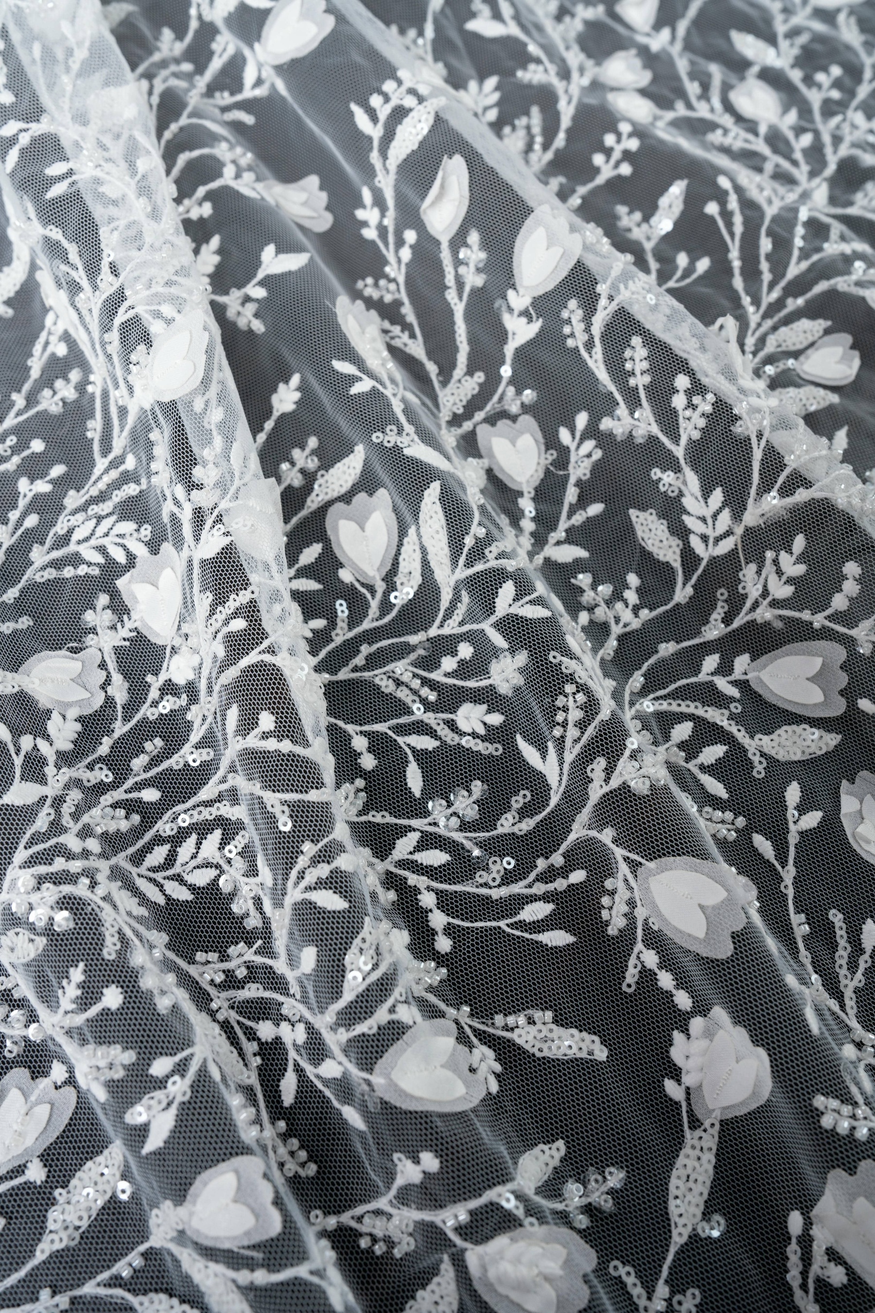 Sita Lace, sitalace, Lace Fabric, Feature Fabric, Tulle Fabric, Beaded Fabric, Sequined Fabric, Embroidery Fabric, Wedding Dress, Bridal Gown, Bridal Veil, Beads, Sequins, Feather Fabrics, Feather, 3D Flowers, Floral, Blossom Flowers, Flower Petal,