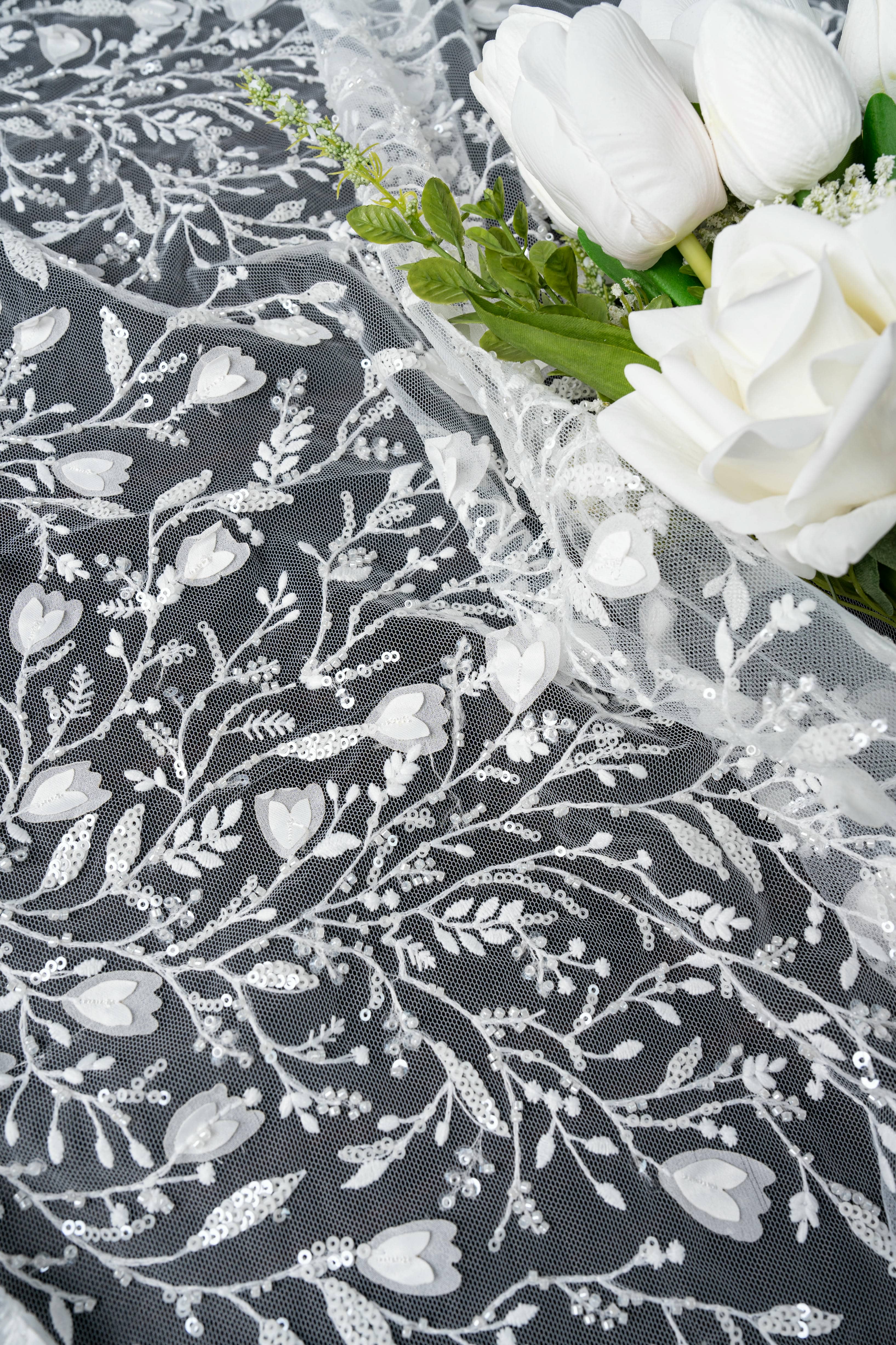 Sita Lace, sitalace, Lace Fabric, Feature Fabric, Tulle Fabric, Beaded Fabric, Sequined Fabric, Embroidery Fabric, Wedding Dress, Bridal Gown, Bridal Veil, Beads, Sequins, Feather Fabrics, Feather, 3D Flowers, Floral, Blossom Flowers, Flower Petal,