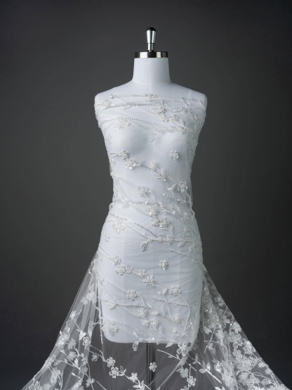 Sita Lace, sitalace, Lace Fabric, Feature Fabric, Tulle Fabric, Beaded Fabric, Sequined Fabric, Embroidery Fabric, Wedding Dress, Bridal Gown, Bridal Veil, Beads, Sequins, Feather Fabrics, Feather, 3D Flowers, Floral, Blossom Flowers, Flower Petal,