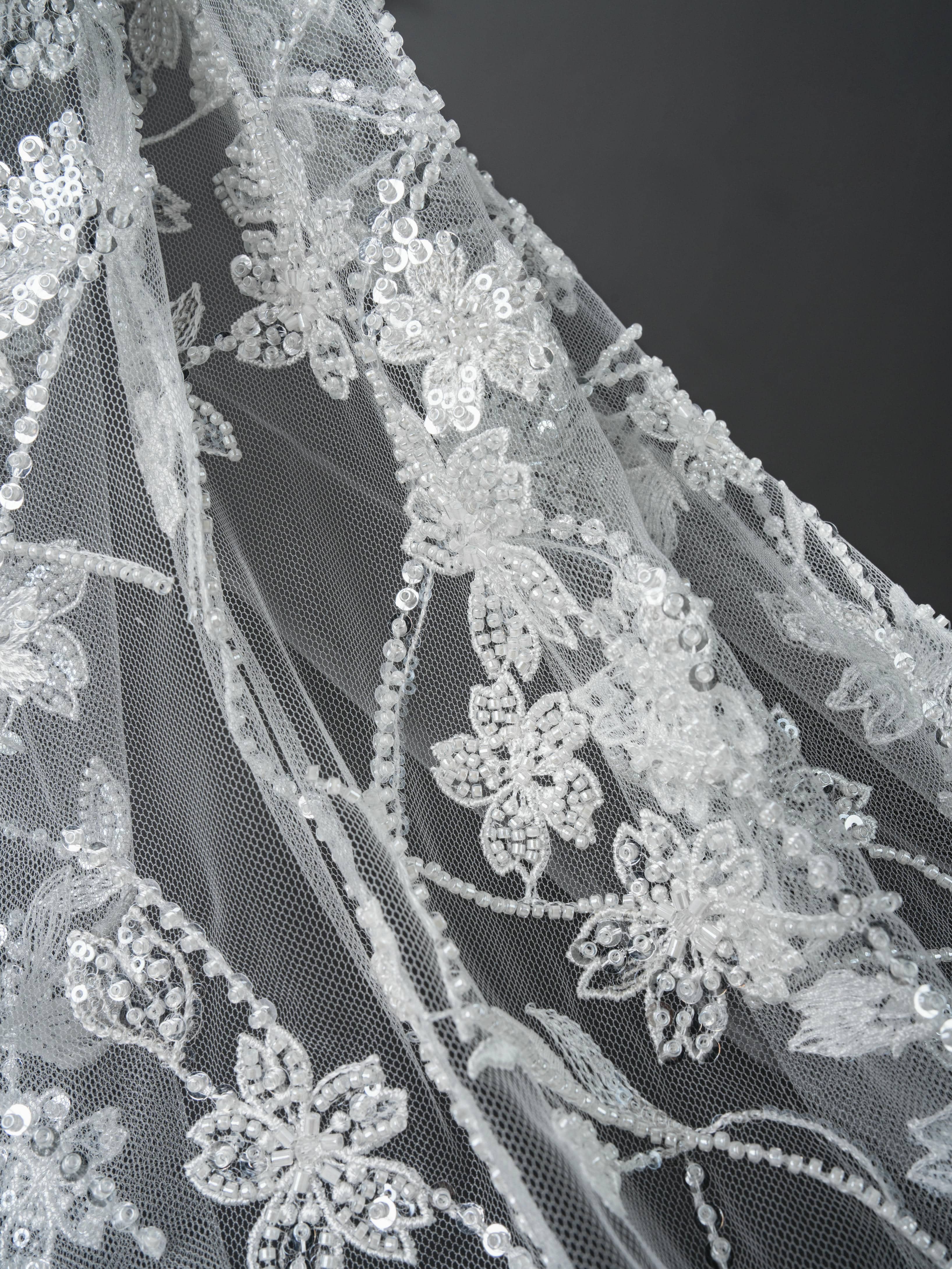 Sita Lace, sitalace, Lace Fabric, Feature Fabric, Tulle Fabric, Beaded Fabric, Sequined Fabric, Embroidery Fabric, Wedding Dress, Bridal Gown, Bridal Veil, Beads, Sequins, Feather Fabrics, Feather, 3D Flowers, Floral, Blossom Flowers, Flower Petal,