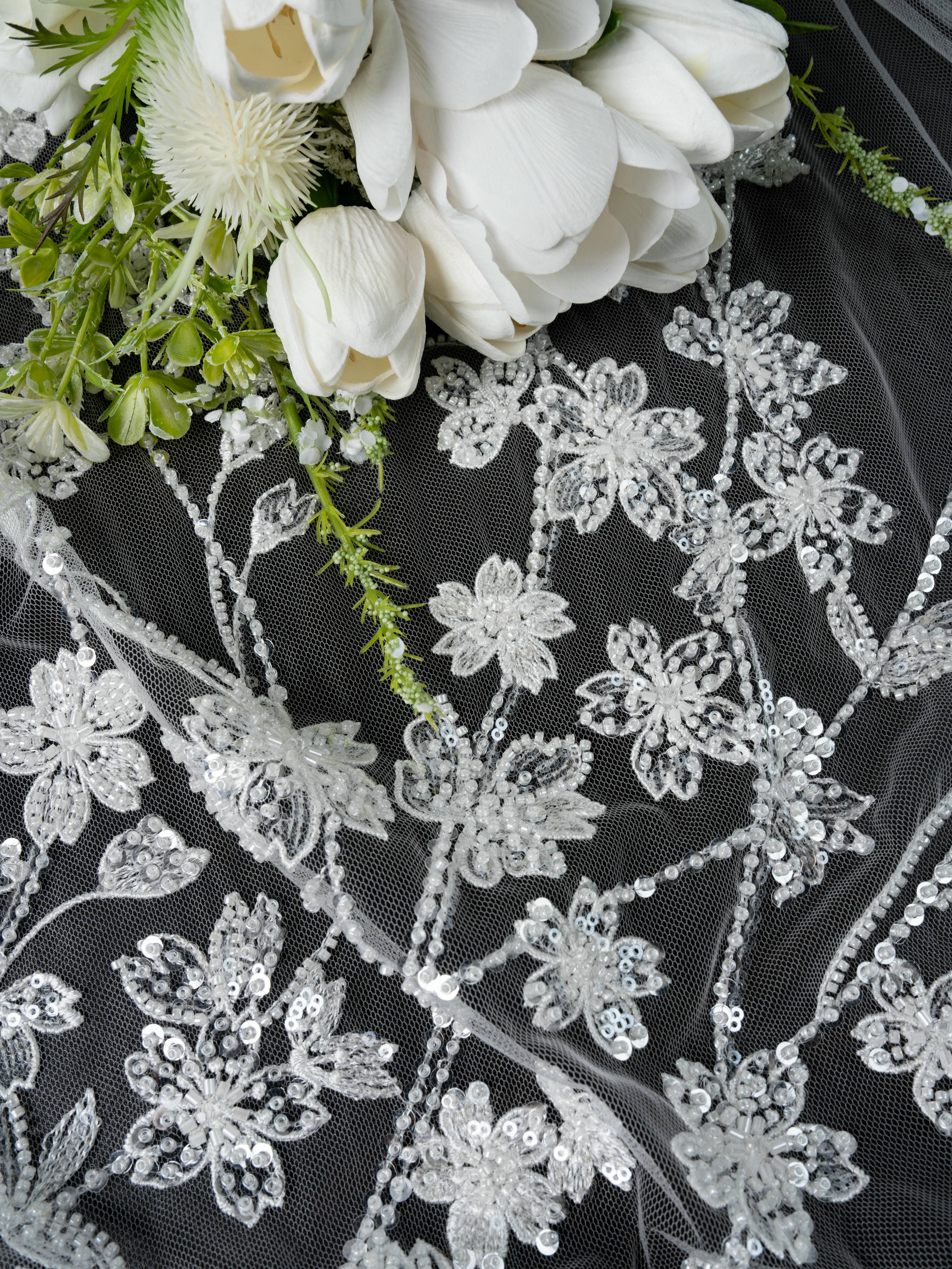 Sita Lace, sitalace, Lace Fabric, Feature Fabric, Tulle Fabric, Beaded Fabric, Sequined Fabric, Embroidery Fabric, Wedding Dress, Bridal Gown, Bridal Veil, Beads, Sequins, Feather Fabrics, Feather, 3D Flowers, Floral, Blossom Flowers, Flower Petal,