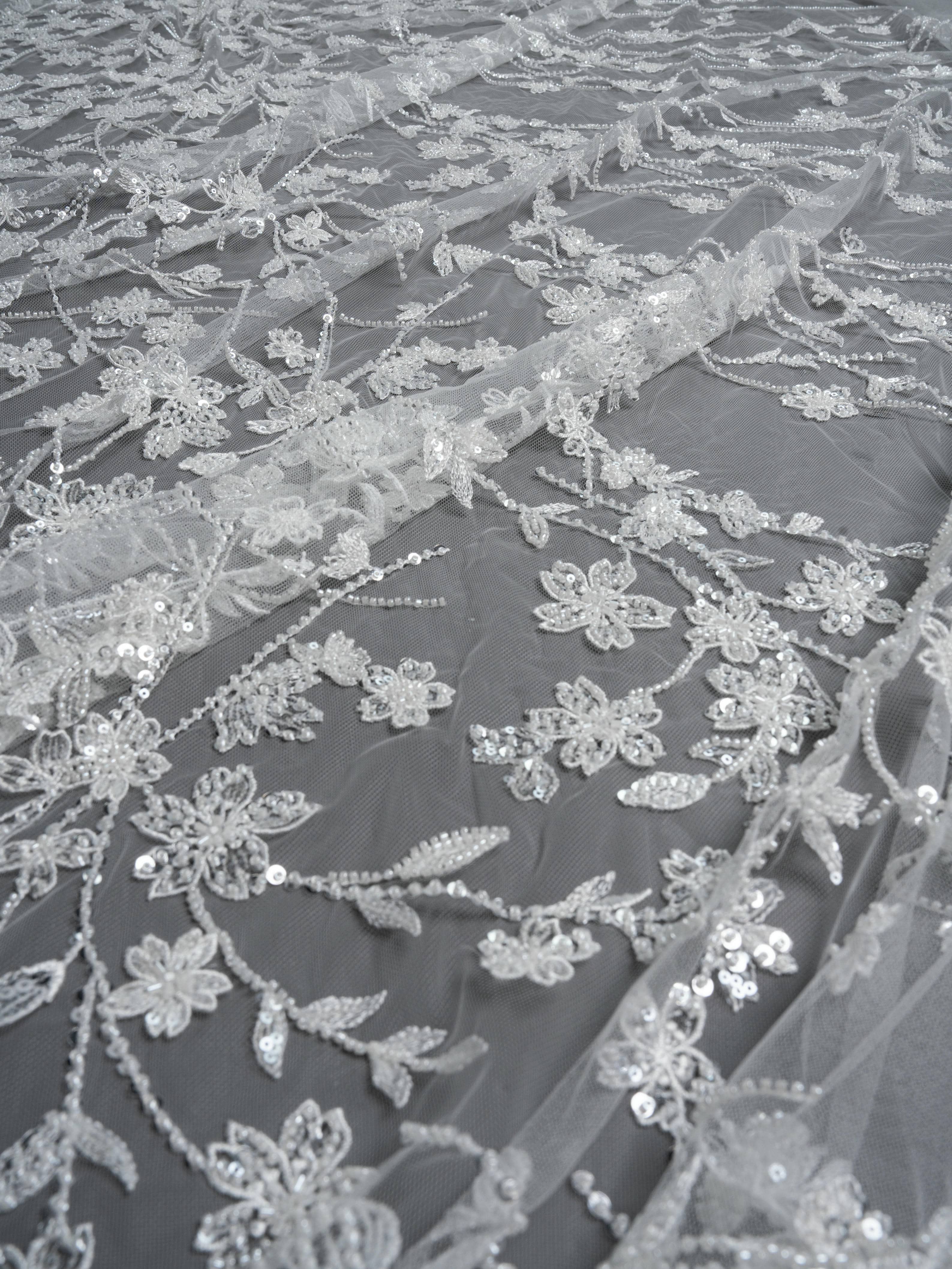Sita Lace, sitalace, Lace Fabric, Feature Fabric, Tulle Fabric, Beaded Fabric, Sequined Fabric, Embroidery Fabric, Wedding Dress, Bridal Gown, Bridal Veil, Beads, Sequins, Feather Fabrics, Feather, 3D Flowers, Floral, Blossom Flowers, Flower Petal,