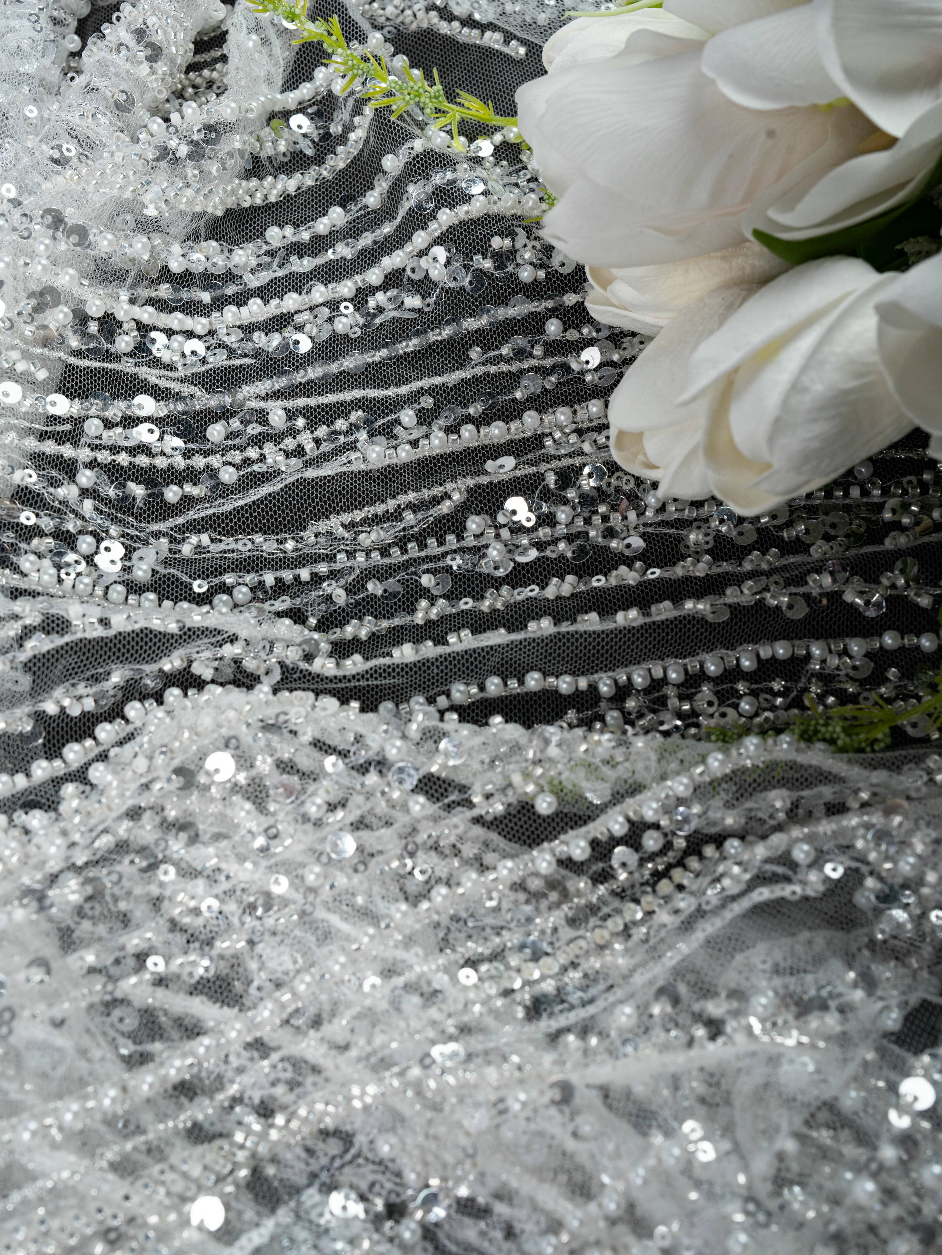 Sita Lace, sitalace, Lace Fabric, Feature Fabric, Tulle Fabric, Beaded Fabric, Sequined Fabric, Embroidery Fabric, Wedding Dress, Bridal Gown, Bridal Veil, Beads, Sequins, Feather Fabrics, Feather, 3D Flowers, Floral, Blossom Flowers, Flower Petal,