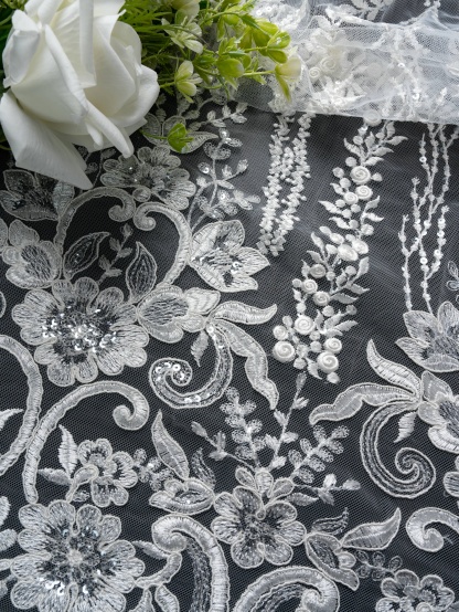 Sita Lace, sitalace, Lace Fabric, Feature Fabric, Tulle Fabric, Beaded Fabric, Sequined Fabric, Embroidery Fabric, Wedding Dress, Bridal Gown, Bridal Veil, Beads, Sequins, Feather Fabrics, Feather, 3D Flowers, Floral, Blossom Flowers, Flower Petal,